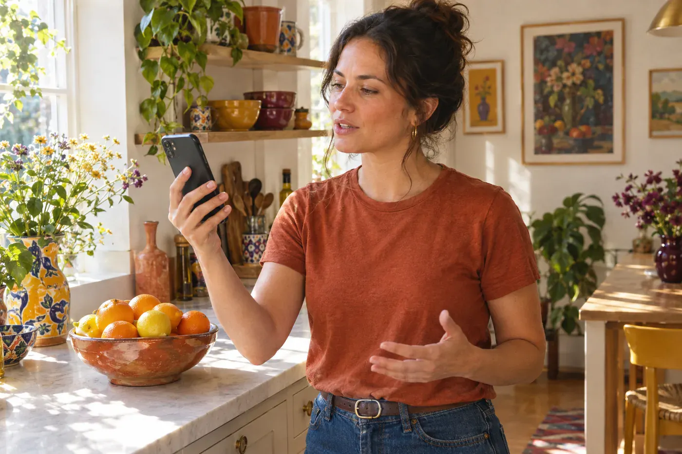 A woman talking to Elle on her phone at home