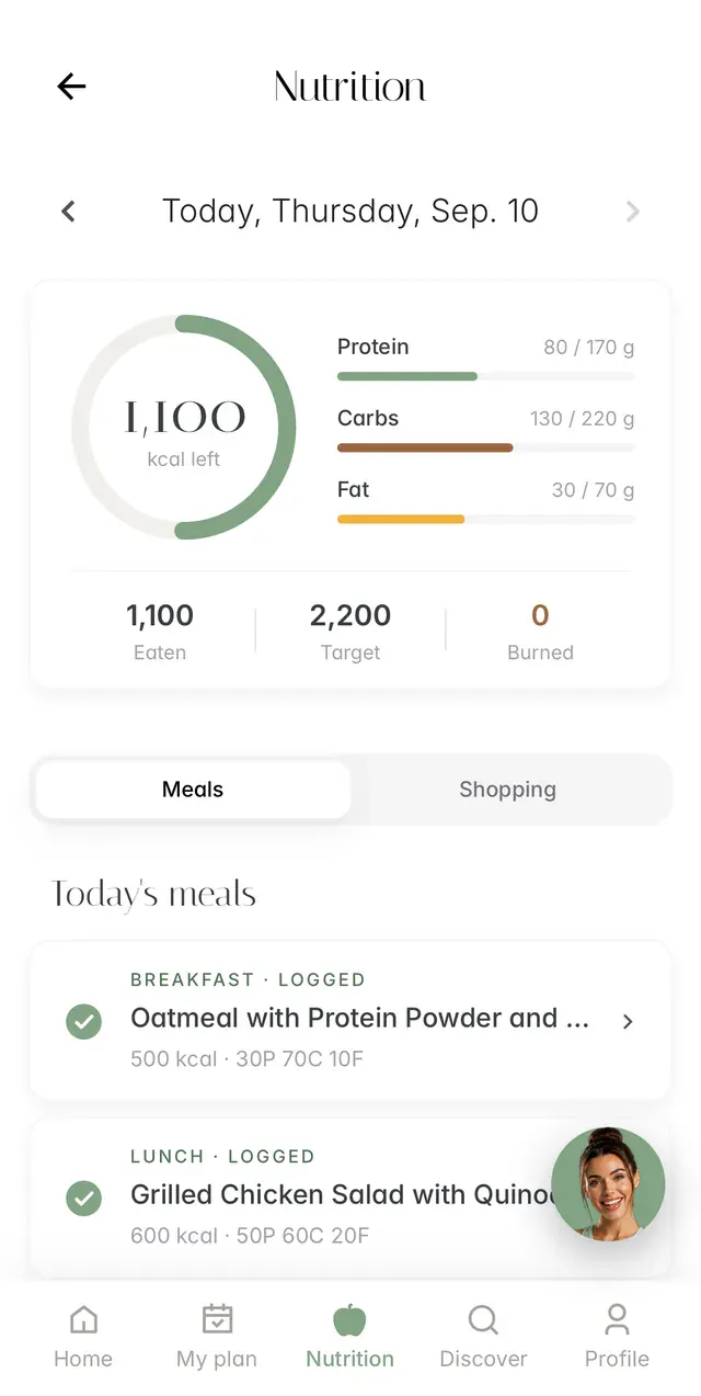 Aptiva nutrition: calories left, protein, carbs, fat and today's meals